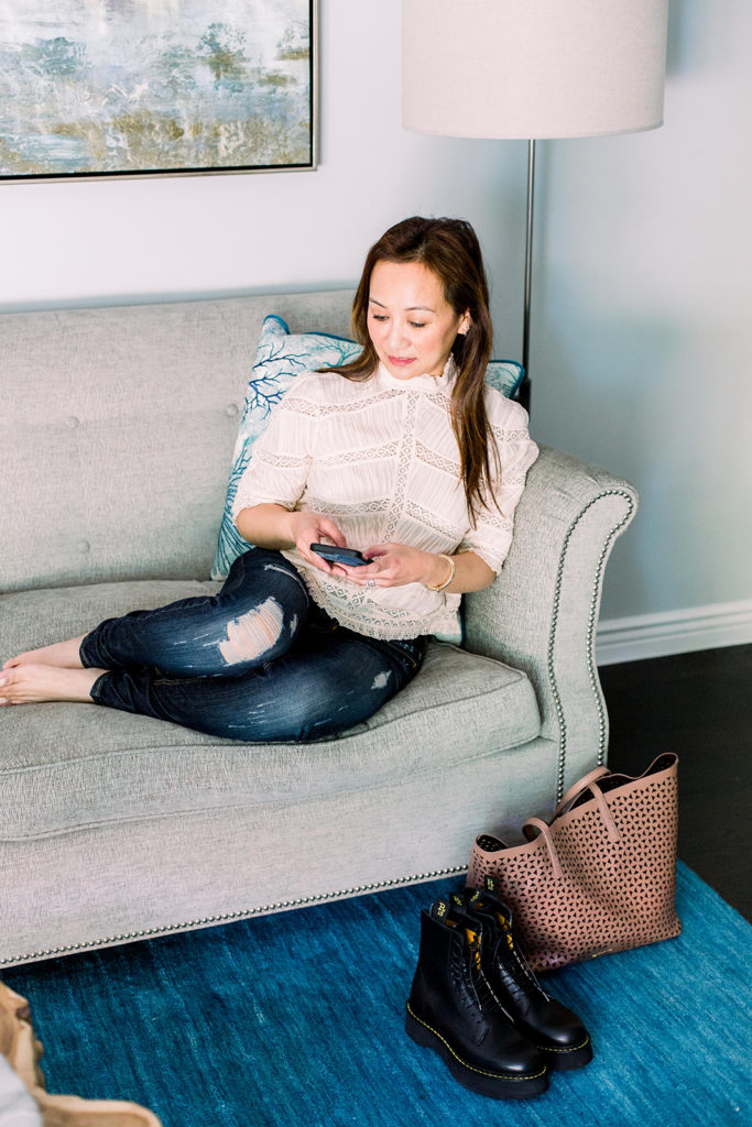 Pink Lace Top and Distressed Jeans for Work