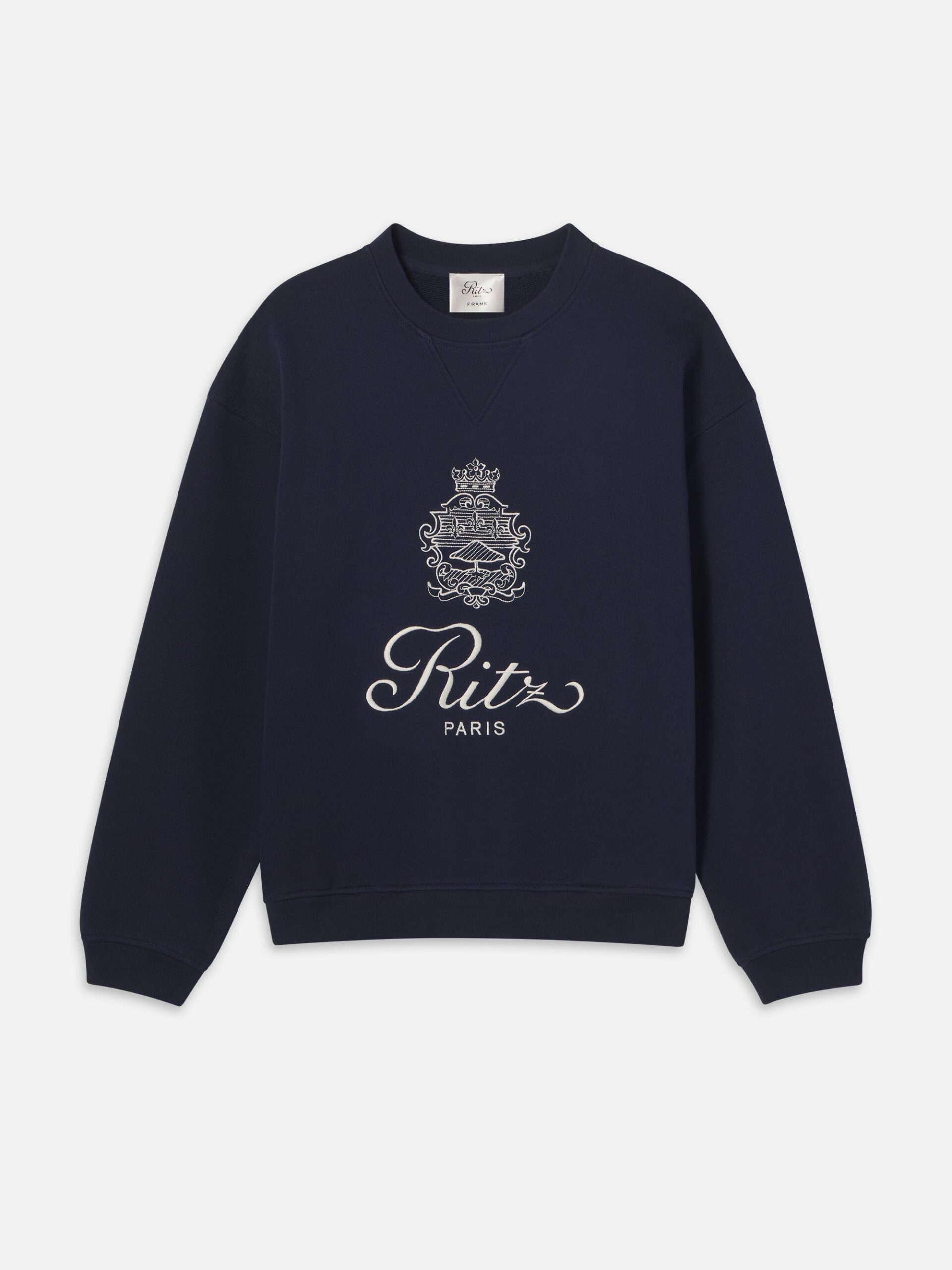 FRAME x Ritz Paris dark-navy sweatshirt with cream crest and script