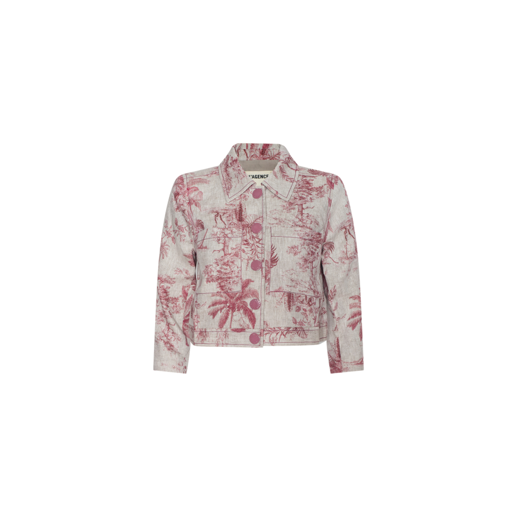 L'Agence Eda cropped linen jacket in pink botanical jungle toile