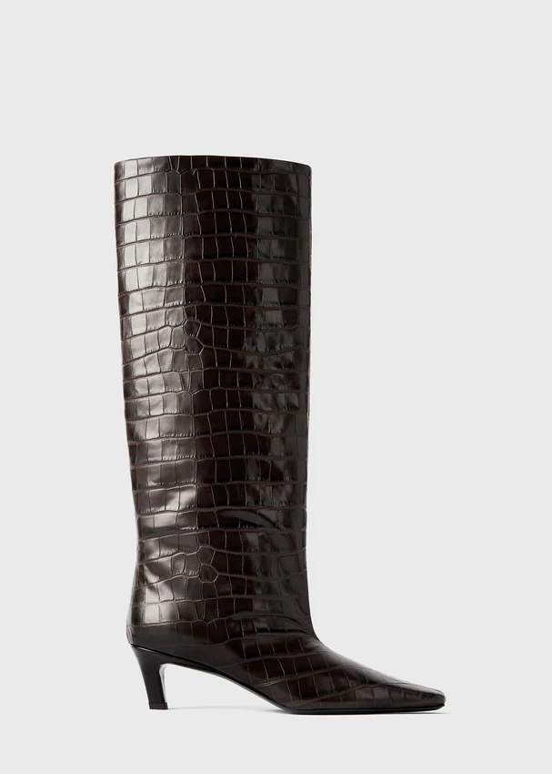 Knee-high boots for women: Toteme croco-embossed wide shaft boots in dark brown Knee-high boots for women: Toteme croco-embossed wide shaft boots in dark brown