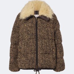 Moncler Dynamique boucle short down jacket in brown with shearling collar