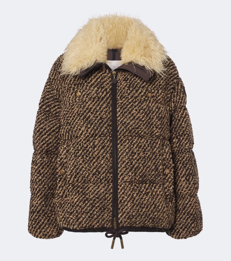 Moncler Dynamique boucle short down jacket in brown with shearling collar