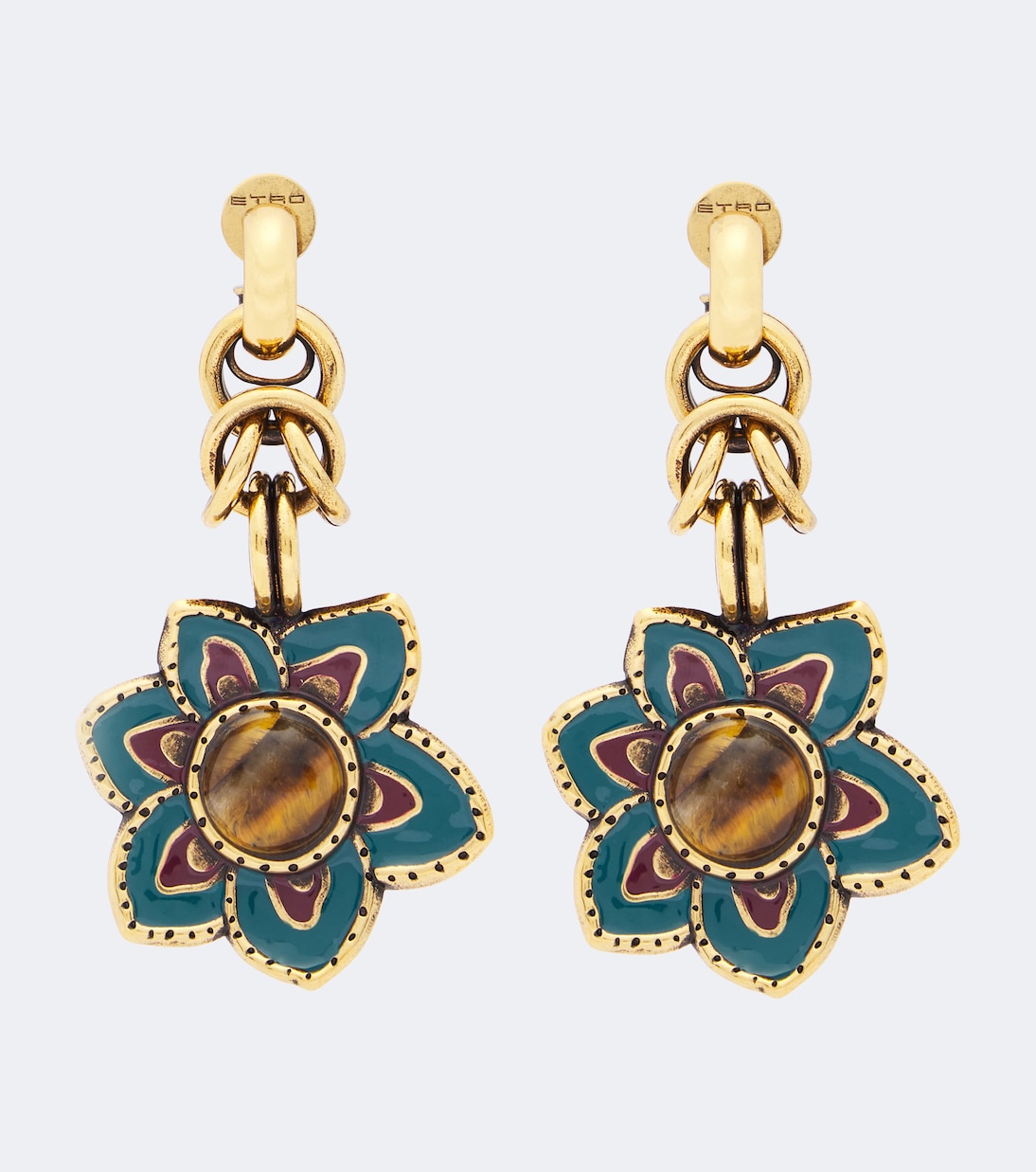 Etro gold-tone floral drop earrings with teal and burgundy petals and glass centers Etro gold-tone floral drop earrings with teal and burgundy petals and glass centers