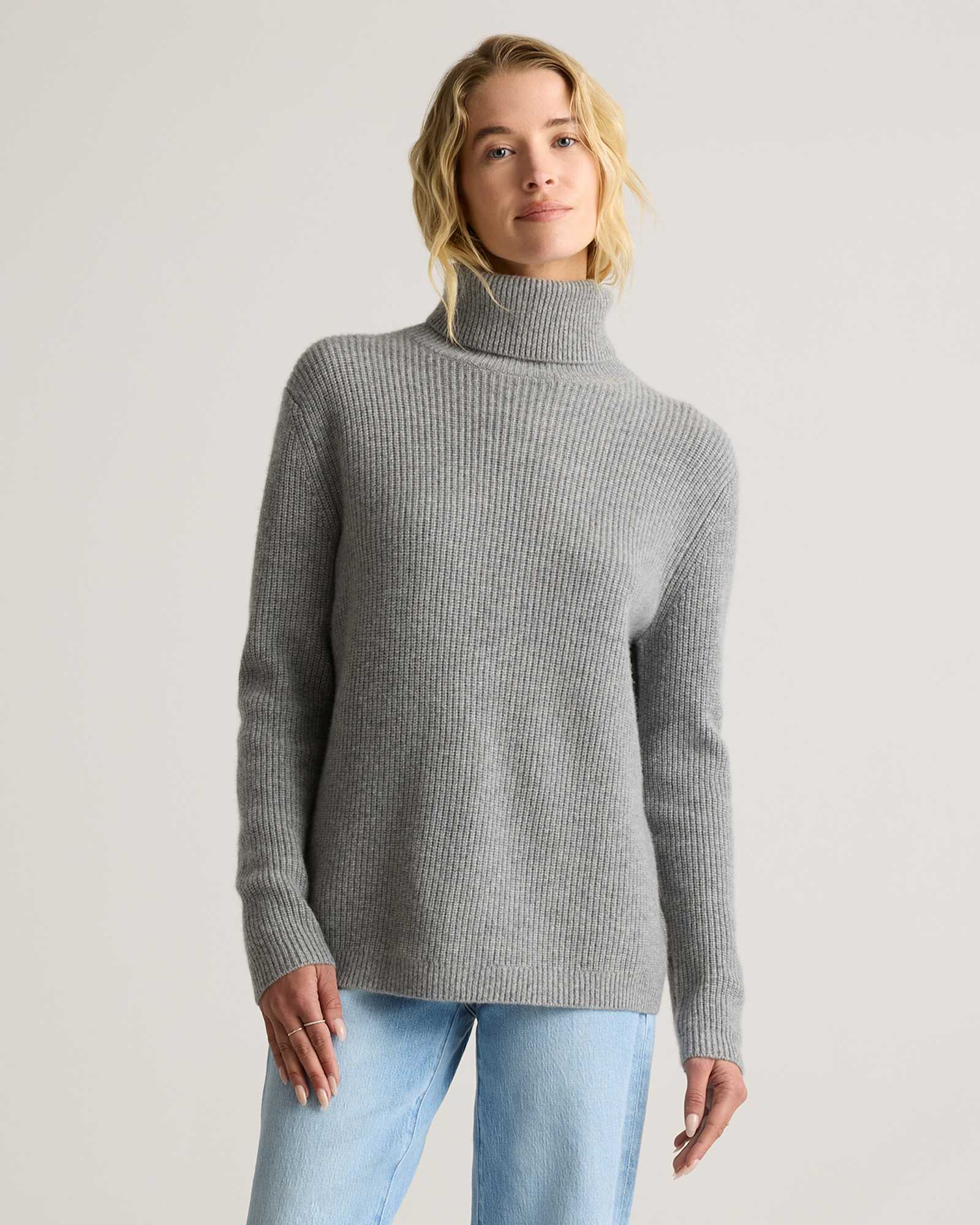 Quince Mongolian Cashmere Fisherman Turtleneck in Heather Grey