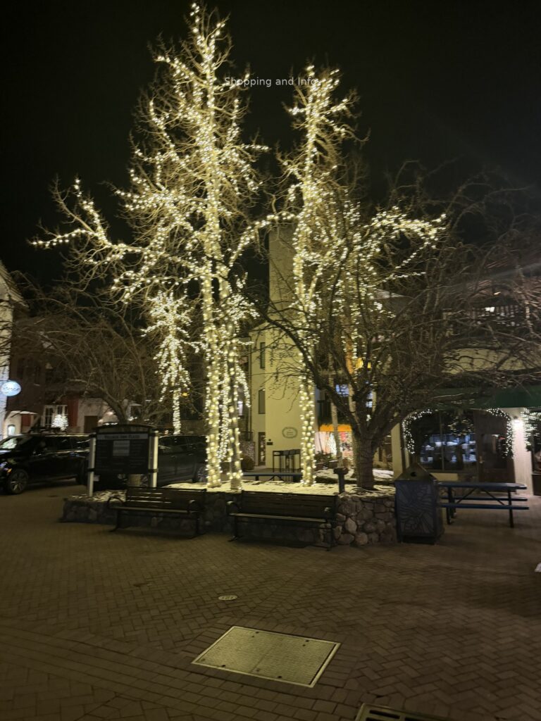 Vail village plaza with winter lights - best puffer coats and vests