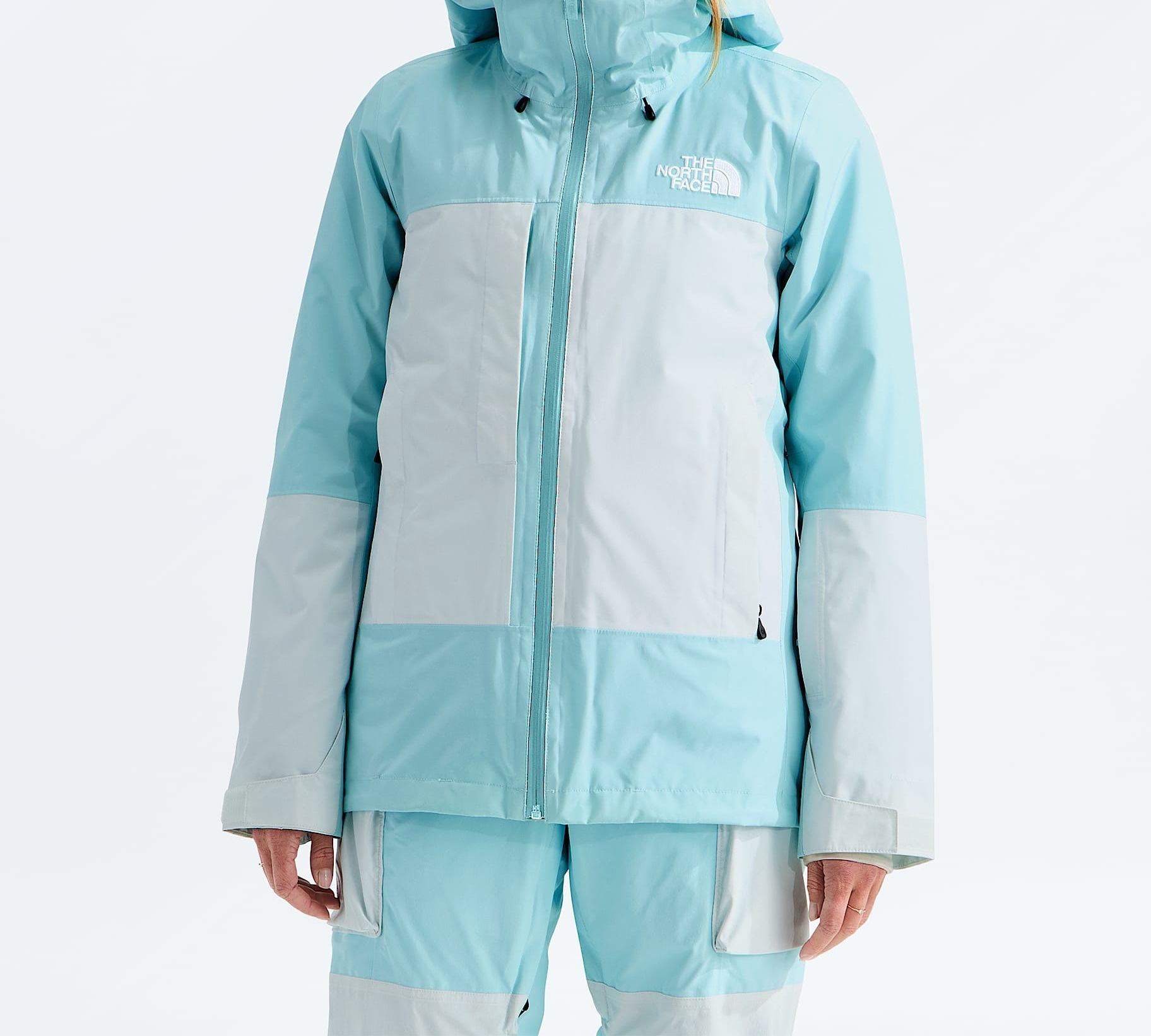 The North Face ThermoBall Snow Triclimate ski jacket in Glacier and Pearl Stone, cropped product detail
