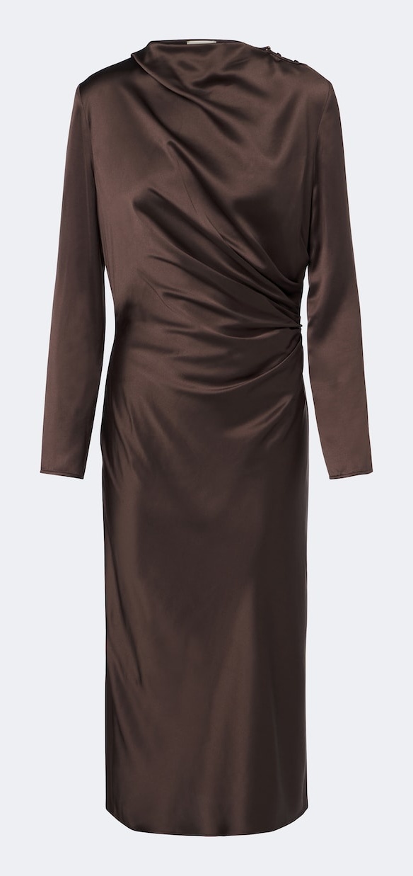 Loulou de Saison Fabio brown draped satin long-sleeve midi dress