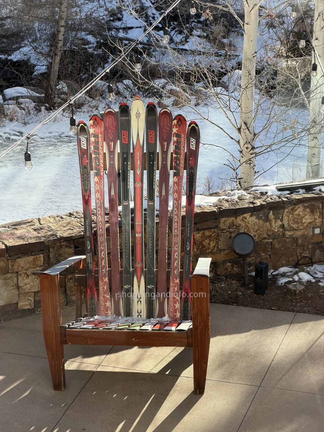 A chair made from skis beside a snowy creek. - Aspen in Winter A chair made from skis beside a snowy creek. - Aspen in Winter