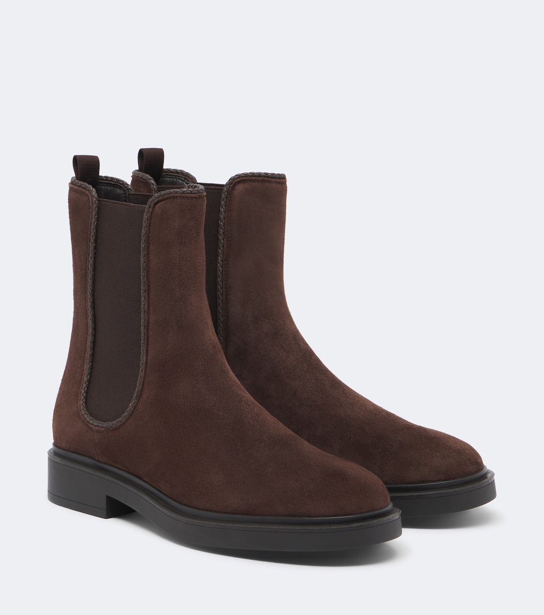Aquazzura Gaspard Espresso-Suede Chelsea Boots with Braided Trim