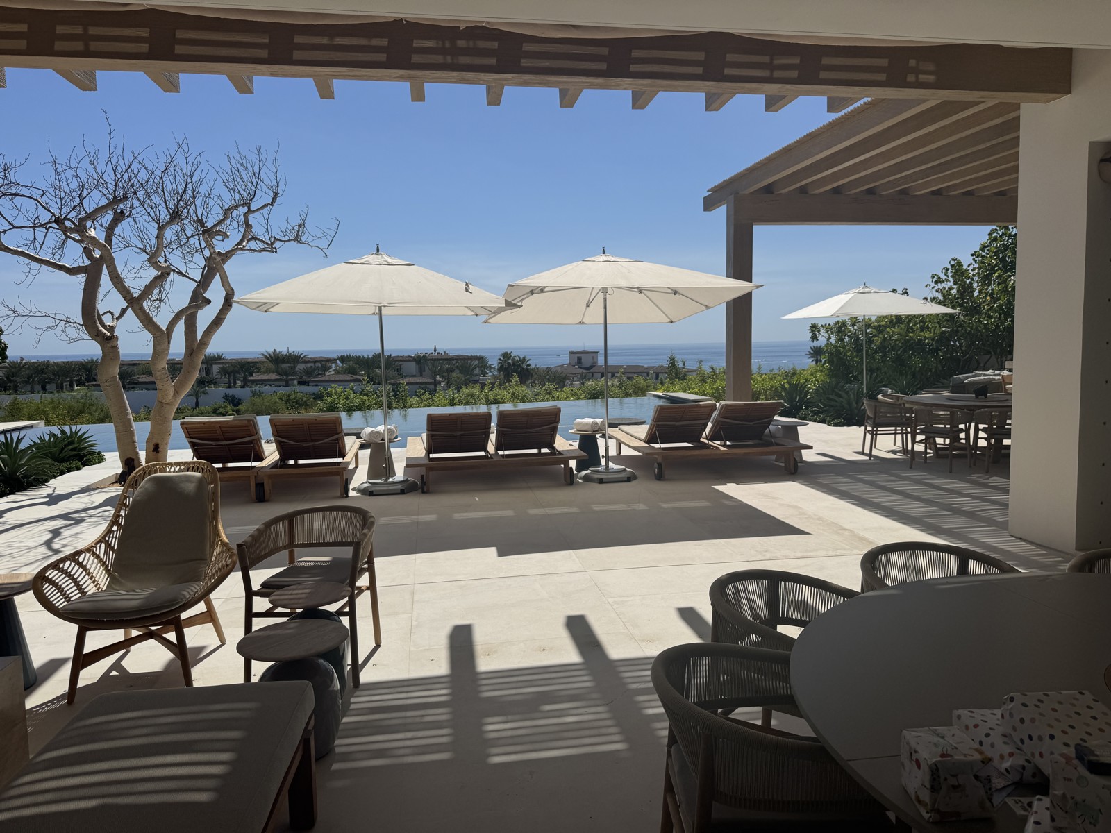 Shaded terrace and lounge chairs in Cabo