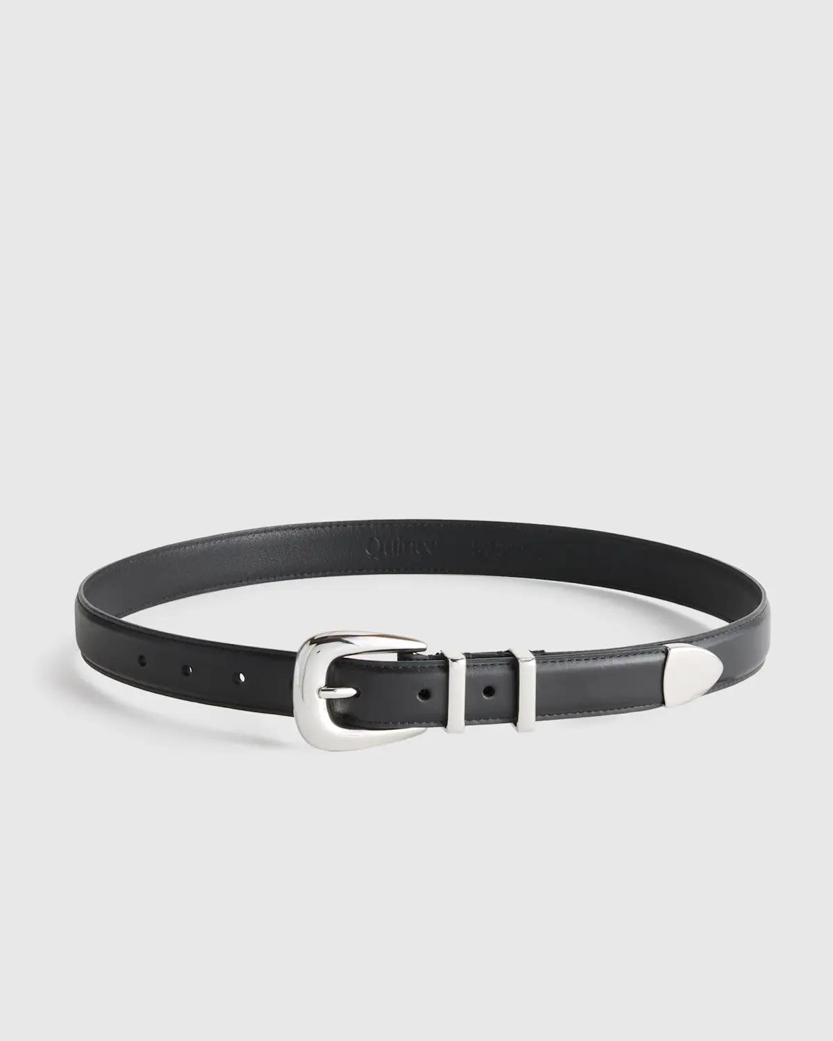 Black Italian leather Western belt with silver-tone buckle and keepers