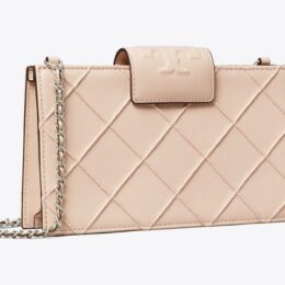 Wallets on a chain: Tory Burch Mini Fleming soft chain wallet in soft pink