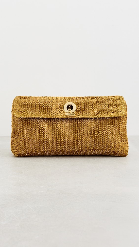 Veronica Beard gold raffia Anchor Clutch for a wedding in Mexico