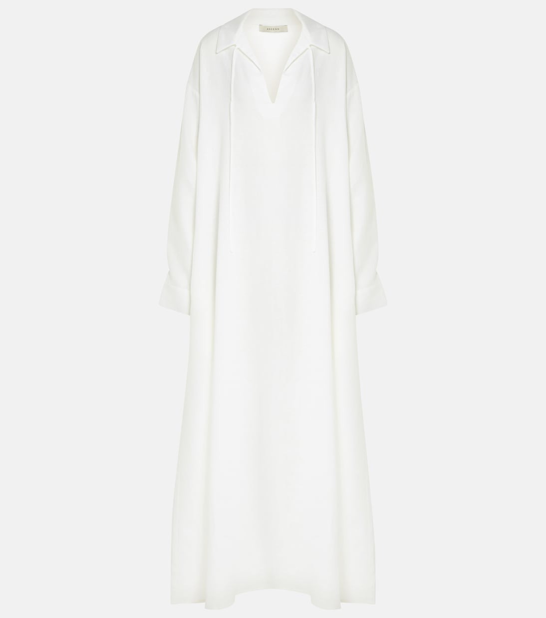 Asceno White Long-Sleeve Linen Midi Dress with Tie Neck