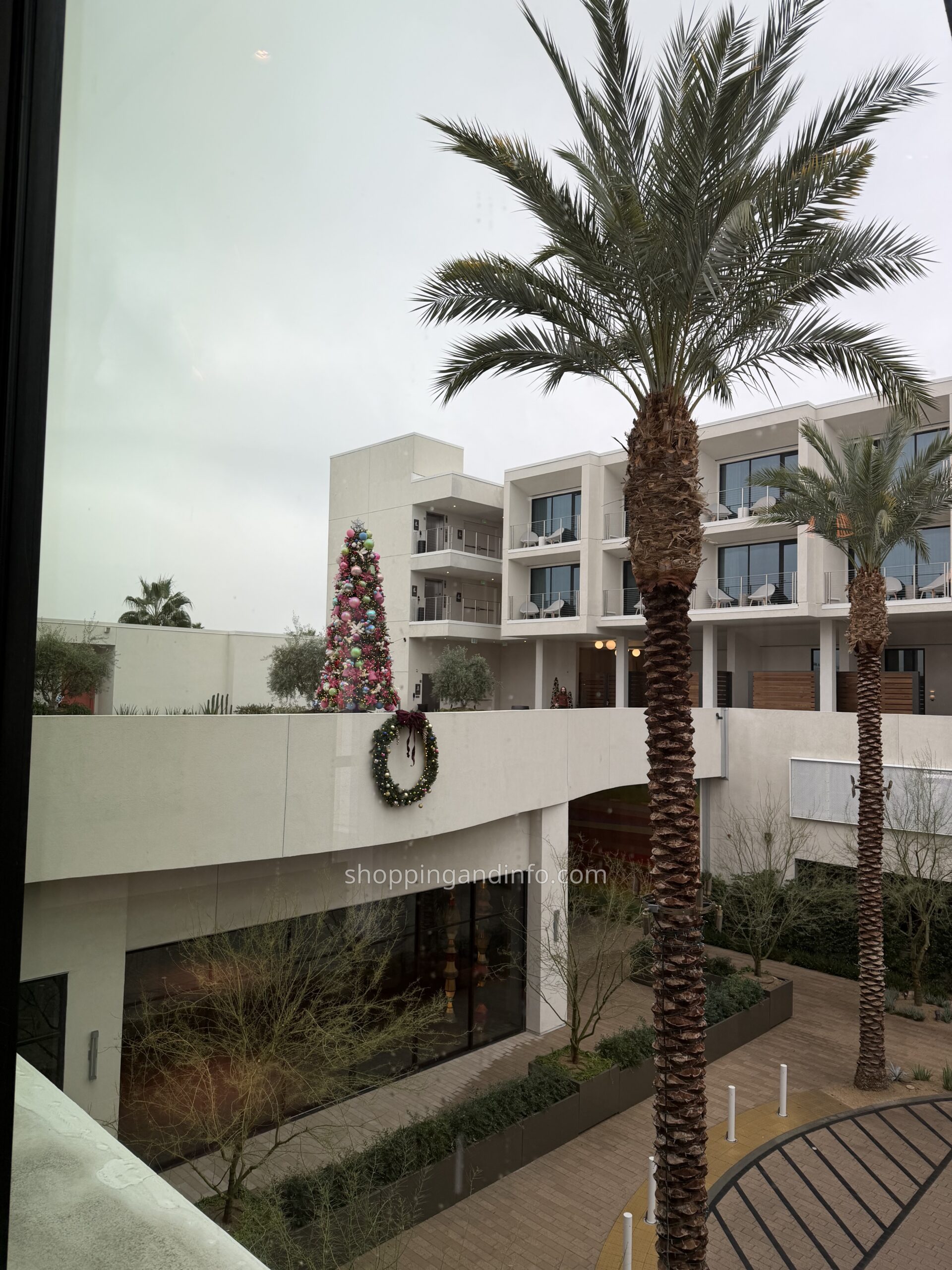Holiday wreath and Christmas tree among palms at a Palm Springs hotel