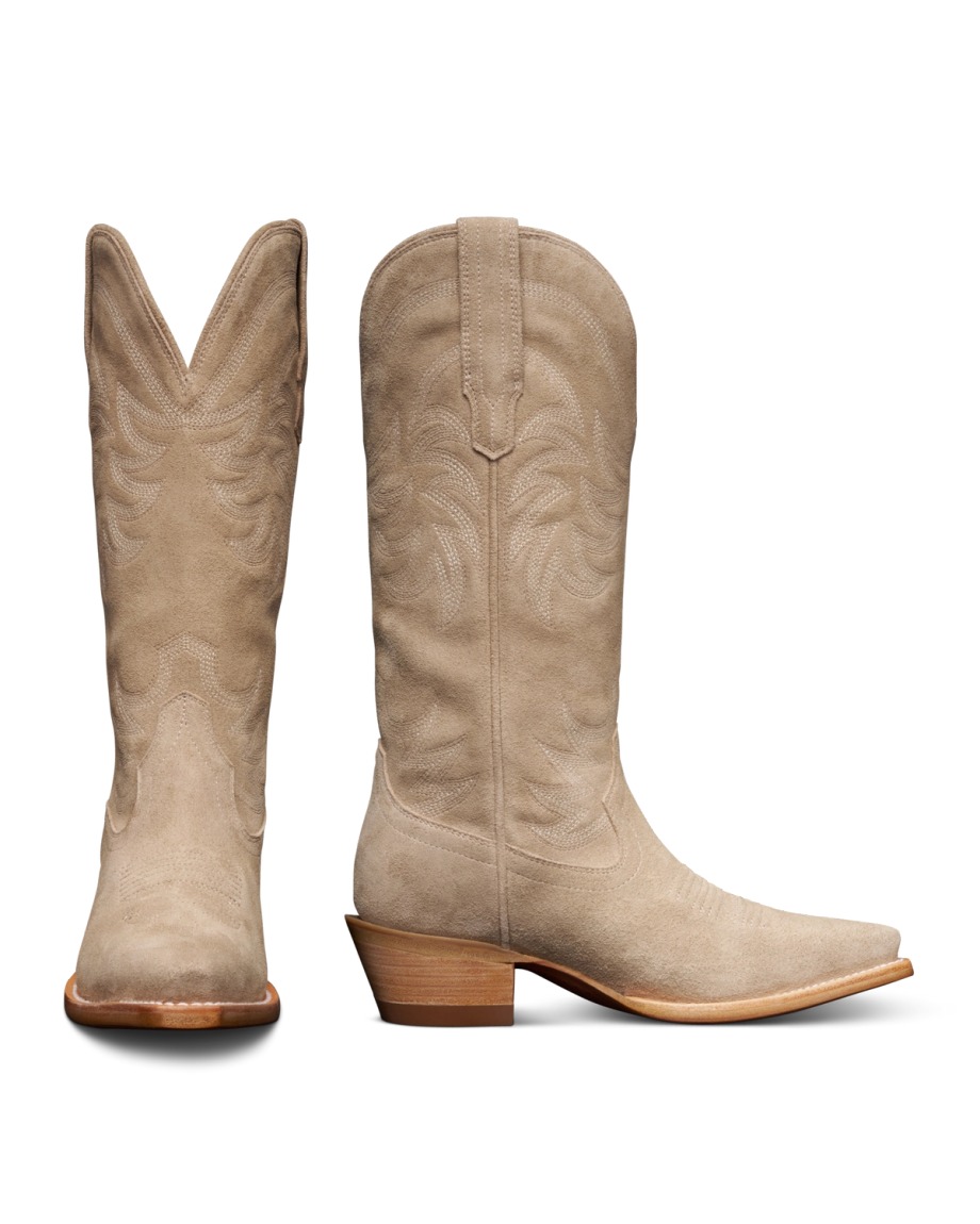 Tecovas Annie tall Fawn suede western boots with tonal stitching and snip toes