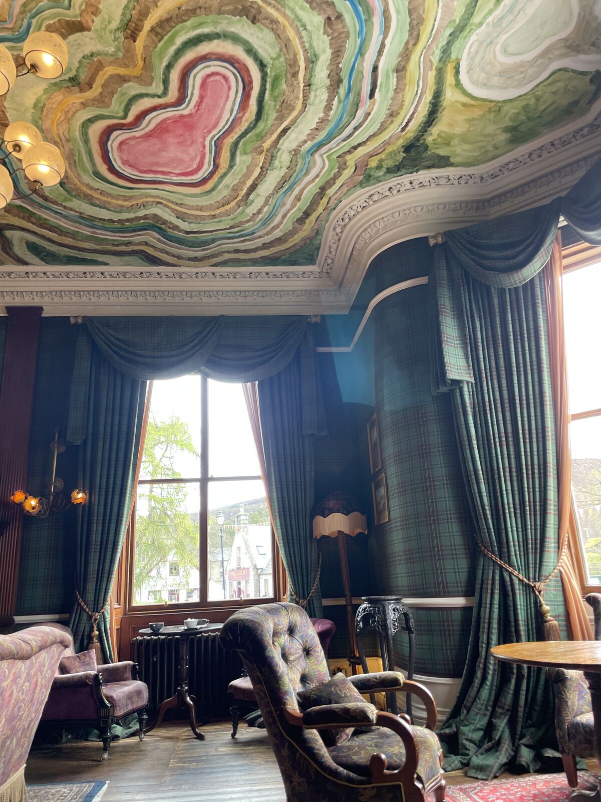 What to wear in the Scottish Highlands: painted drawing-room ceiling at The Fife Arms