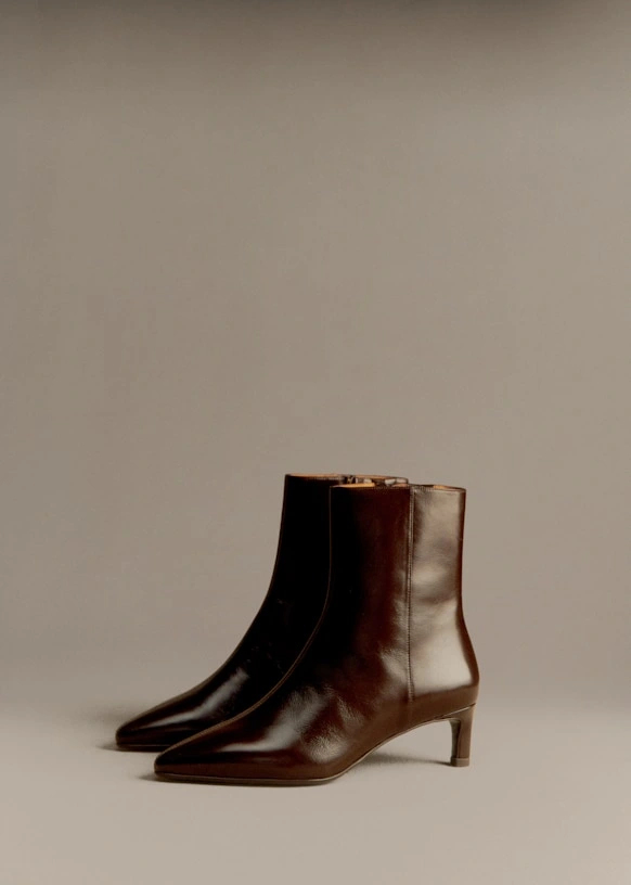 Ankle boots for women: Sezane Garance low-heel boots in chocolate patent leather