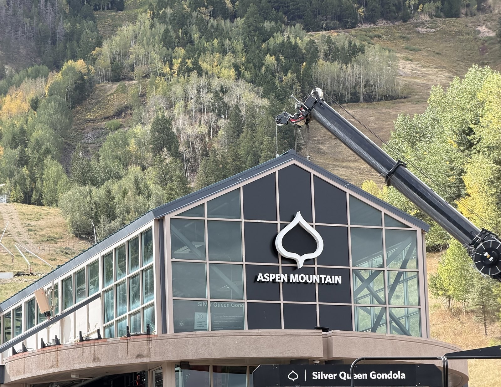 Silver Queen Gondola entrance at Aspen Mountain during a snow-free fall visit.