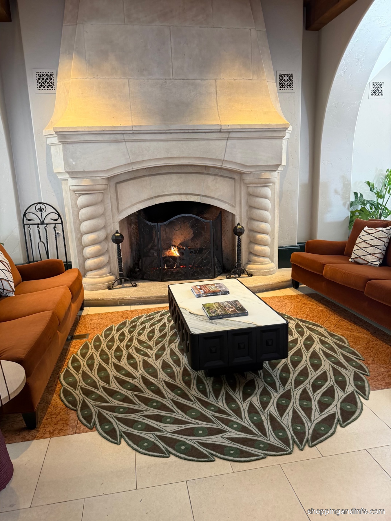 Bacara Santa Barbara weekend: a fireplace and warm orange seating in the Bacara lounge Bacara Santa Barbara weekend: a fireplace and warm orange seating in the Bacara lounge