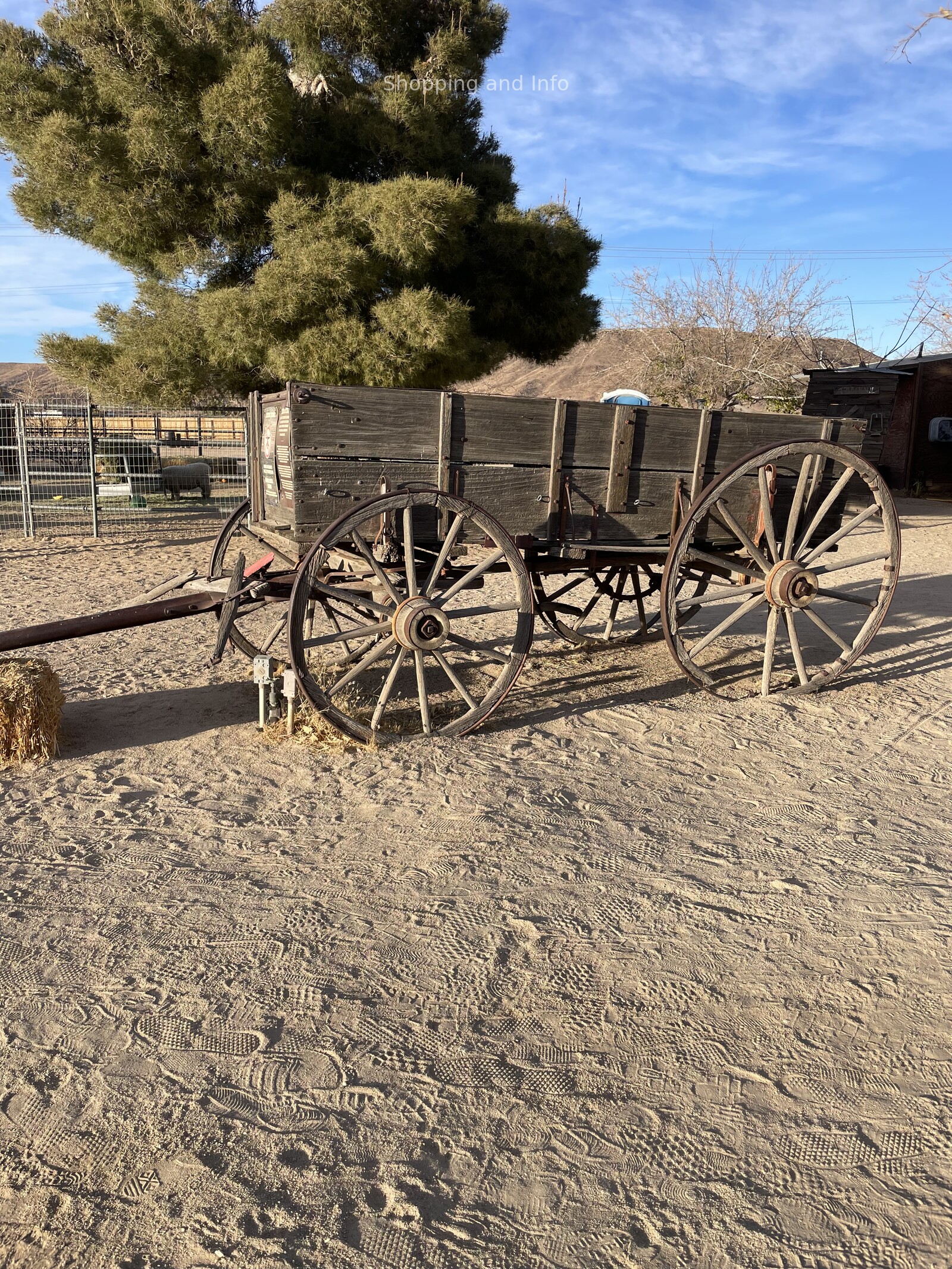 Western boots for women: an old wagon on Mane Street in Pioneertown near Joshua Tree