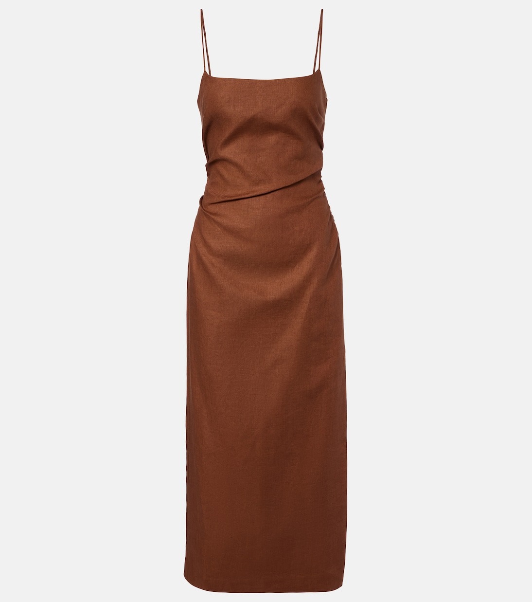 Chocolate linen midi dress with gathered waist