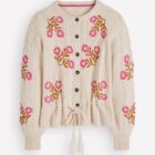 Women's fisherman sweaters: Boden embroidered cable-knit cardigan in ecru marl