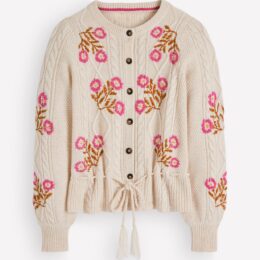 Women's fisherman sweaters: Boden embroidered cable-knit cardigan in ecru marl