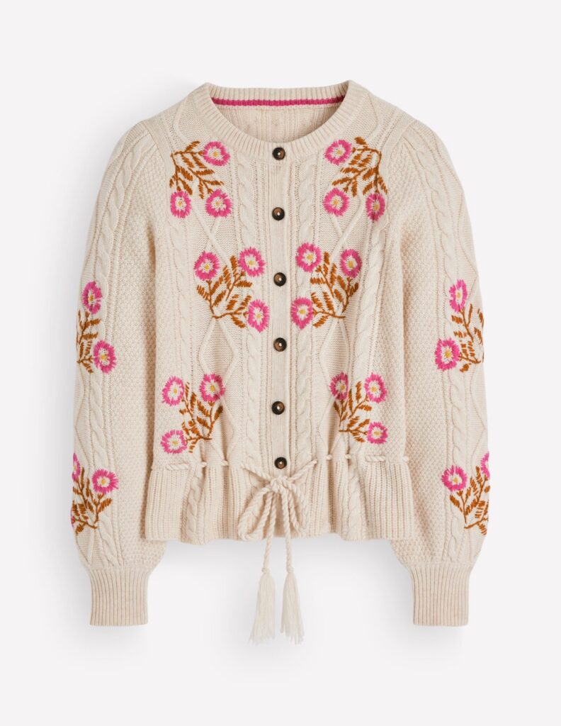 Women's fisherman sweaters: Boden embroidered cable-knit cardigan in ecru marl