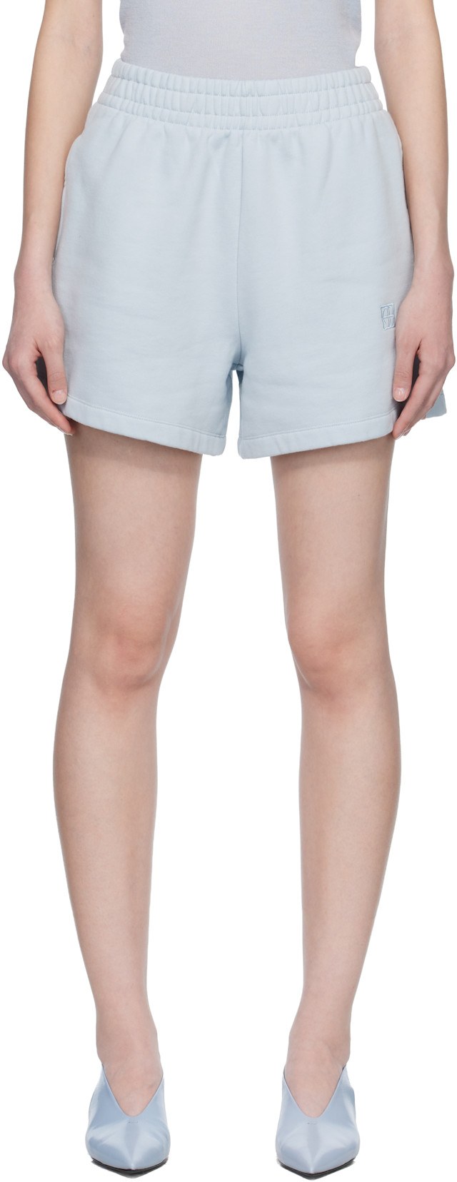 Anine Bing Kam pale blue framed-monogram scuba-jersey shorts