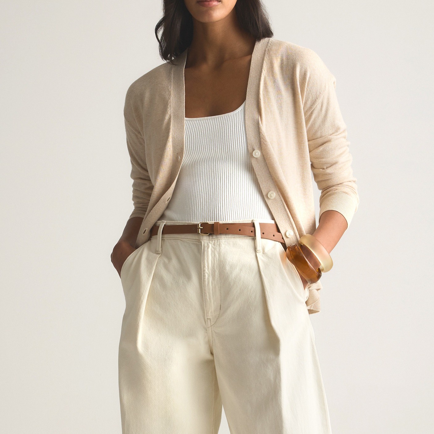 Quince Lightweight Cotton Cashmere Cardigan in Heather Oatmeal