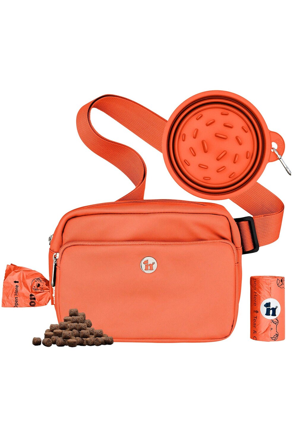 Orange crossbody dog walking bag with collapsible travel bowl and waste bags