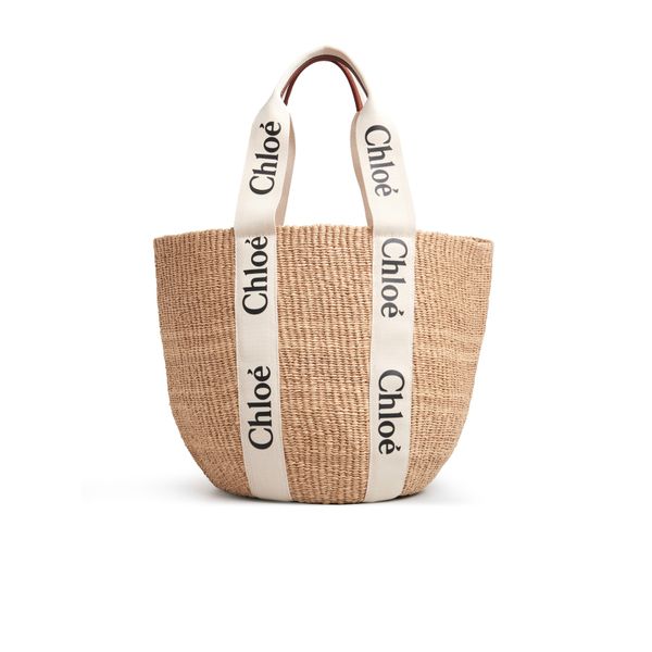 Large Chloé Woody basket in natural fibers with white logo ribbon