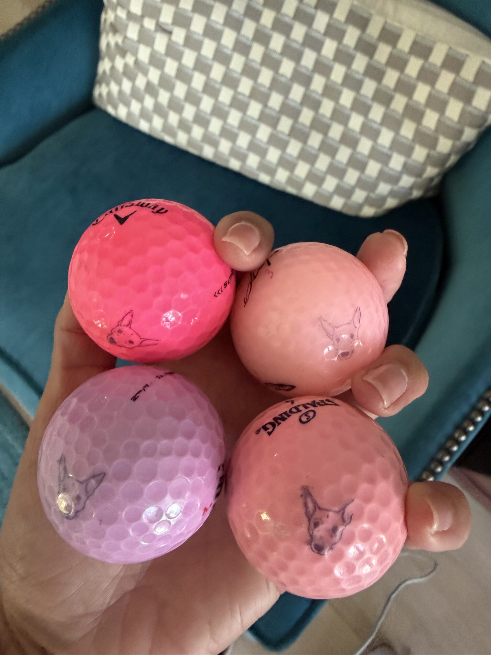 Four pink golf balls stamped with a dog's face