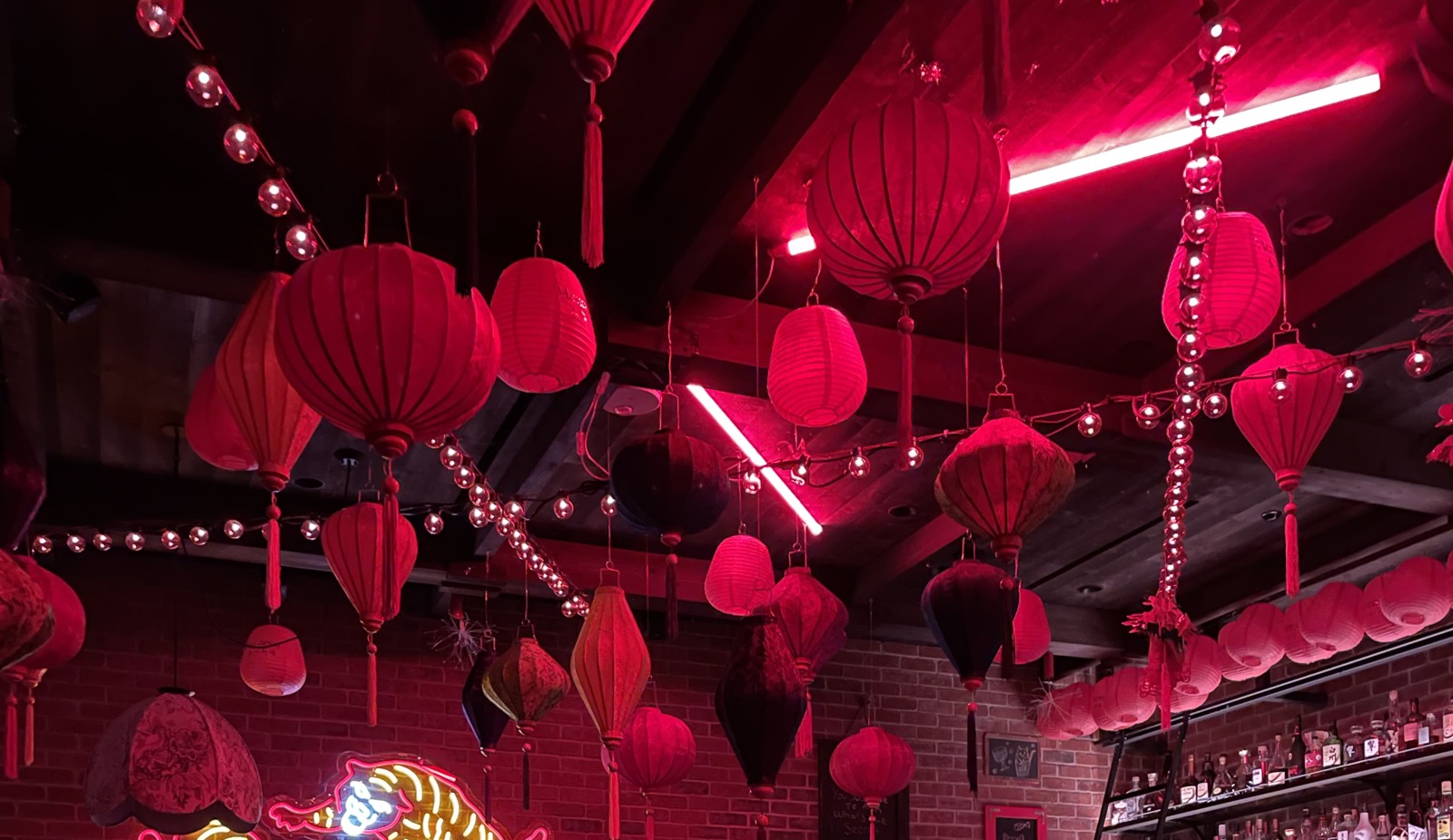 Red lanterns and neon lights in Las Vegas