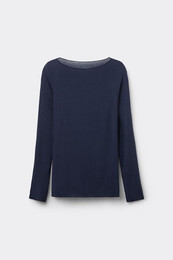 Low-profile sneakers with trousers: Intimissimi Long Sleeve Boatneck Ultralight with Cashmere Top in Intense Blue