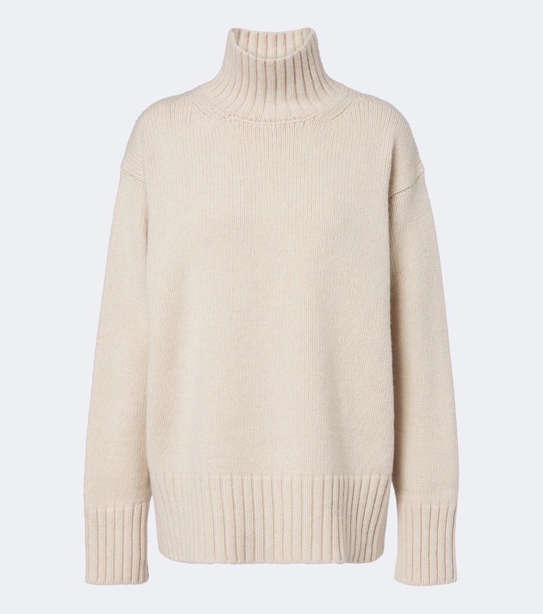 Low-profile sneakers with trousers: Rohe wool and cashmere turtleneck sweater in Oat