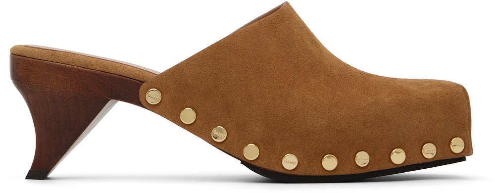 Ganni June brown caramel suede sabot mule heels