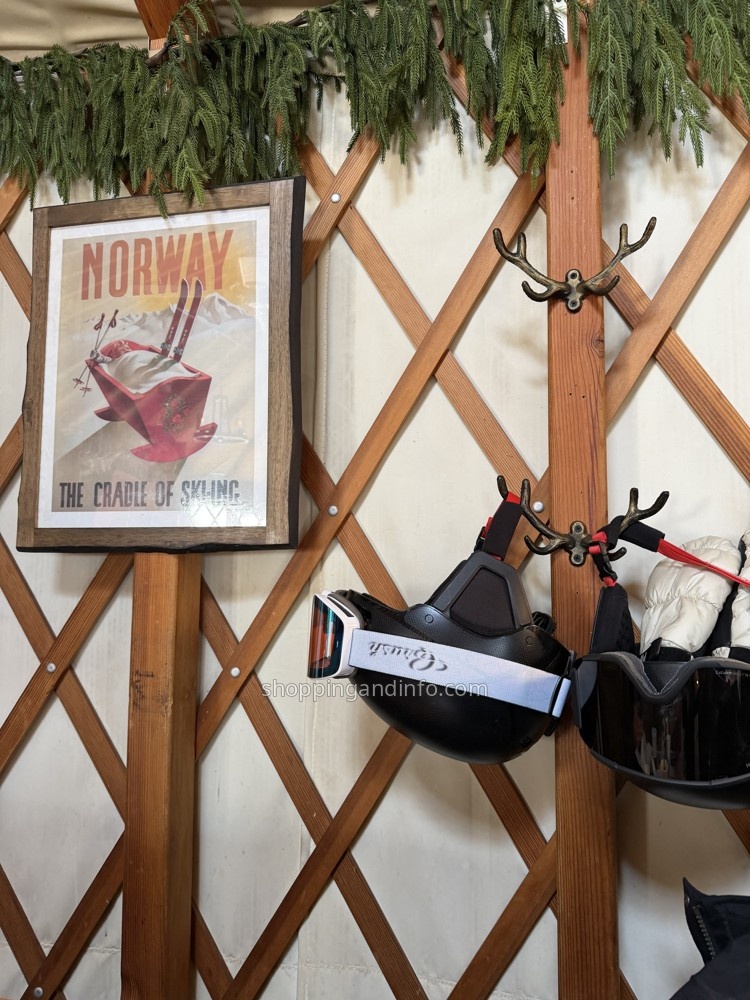 Norway ski poster and helmets inside the Viking Yurt during our Park City visit