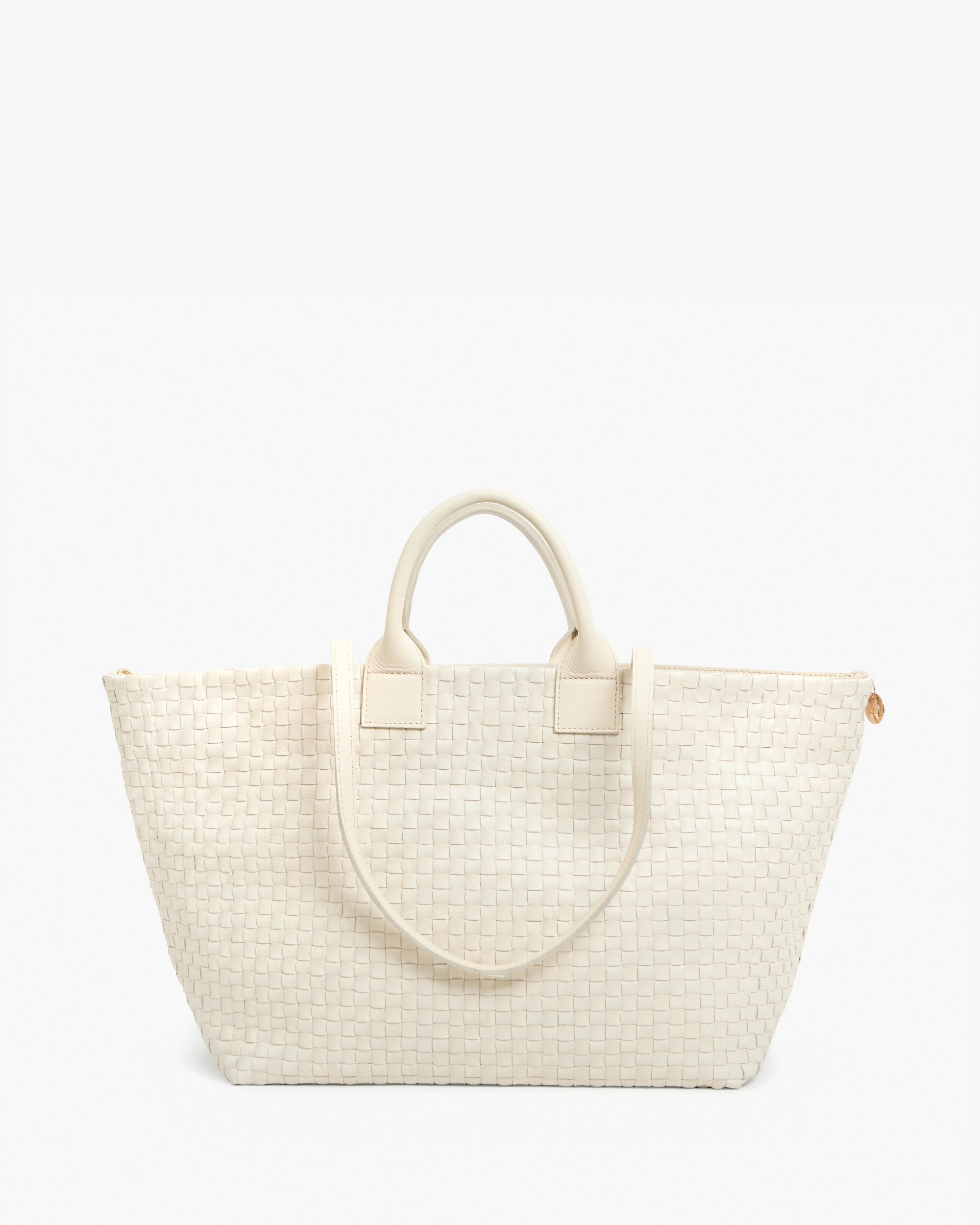 Clare V. Bateau Tote in Cream Woven Checker - Cabo travel guide