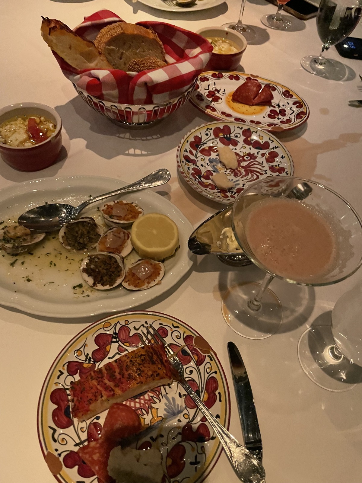 Bread, shellfish and painted plates at dinner in Las Vegas