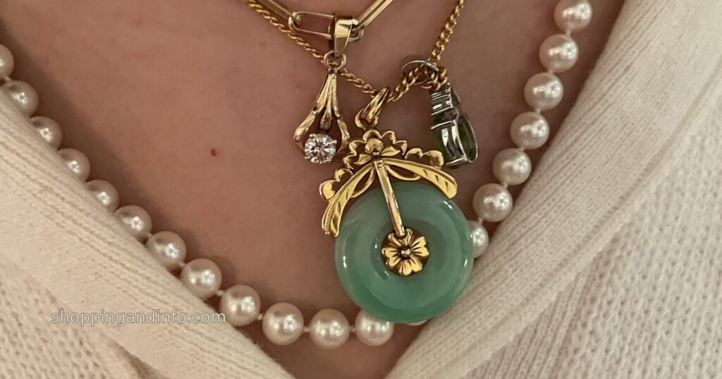 Charm necklaces and cuff bracelets - my jade pendant, gold charm necklaces and layered pearls