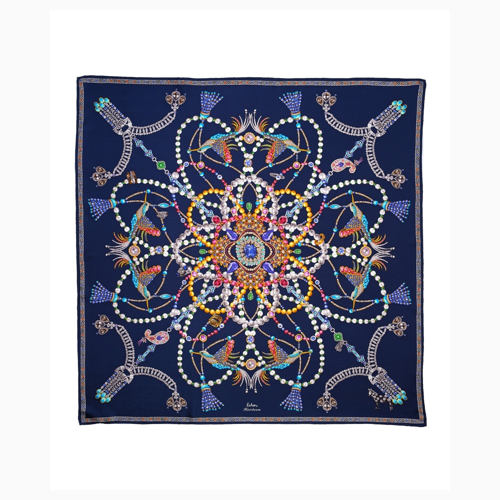 How to wear a scarf - Echo Heirloom navy illustrated silk square