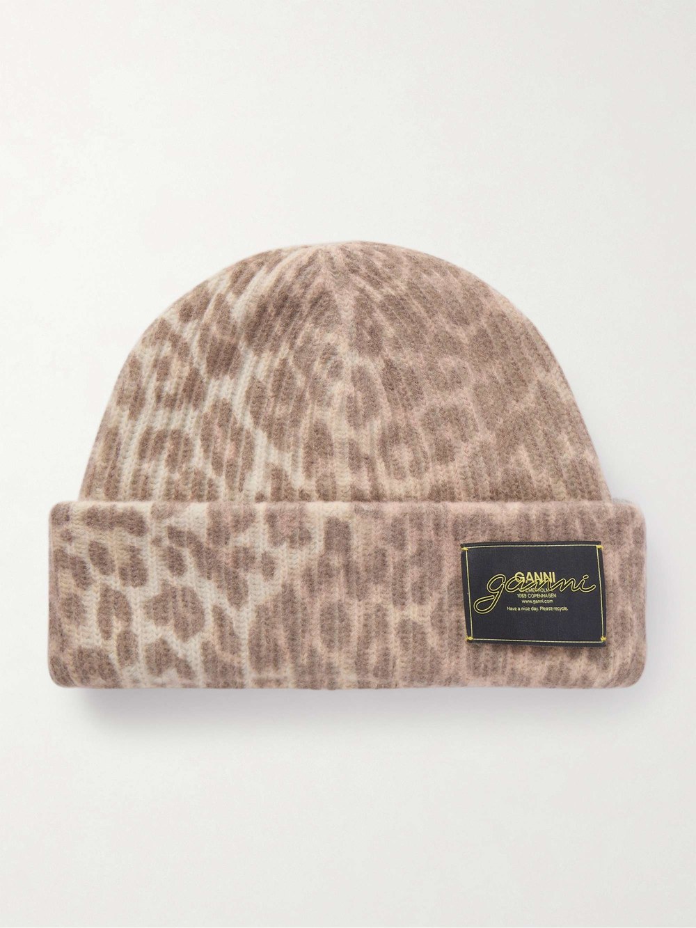 GANNI leopard-print ribbed-knit beanie