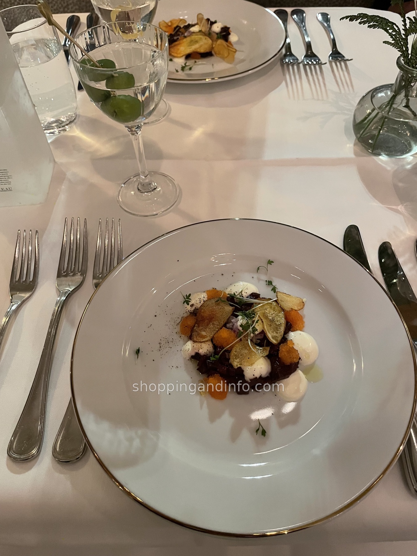 Dinner plate and cocktail on the table at Hotel Diplomat