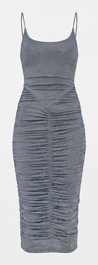 Fleur du Mal Agnes Midnight Navy ruched shimmer midi dress