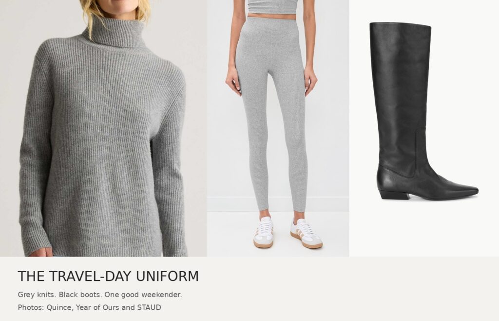 Grey Quince turtleneck and Year of Ours leggings with a black STAUD knee-high boot