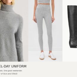 Grey Quince turtleneck and Year of Ours leggings with a black STAUD knee-high boot