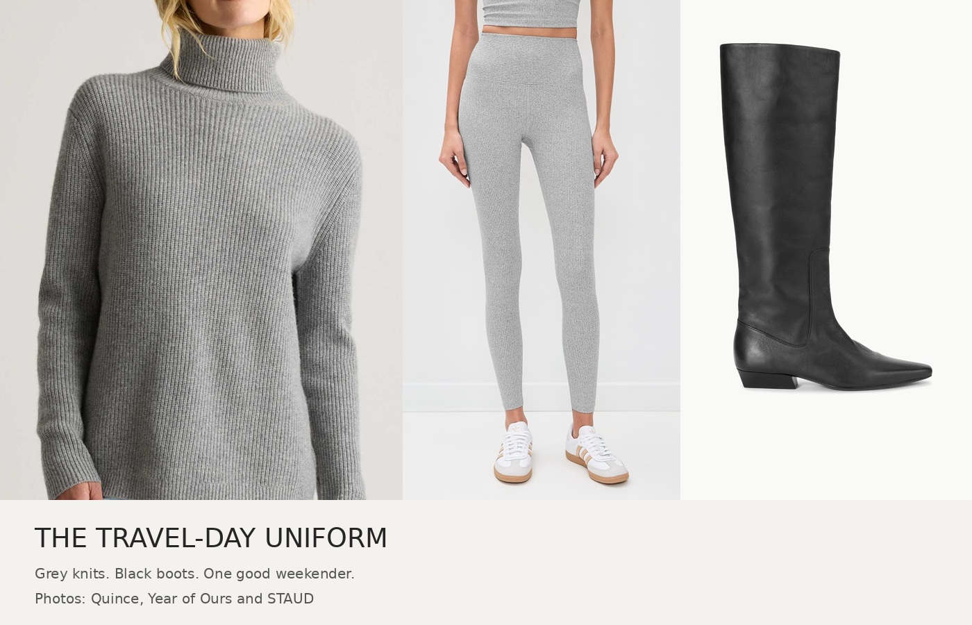 Grey Quince turtleneck, Year of Ours leggings and a black STAUD knee-high boot