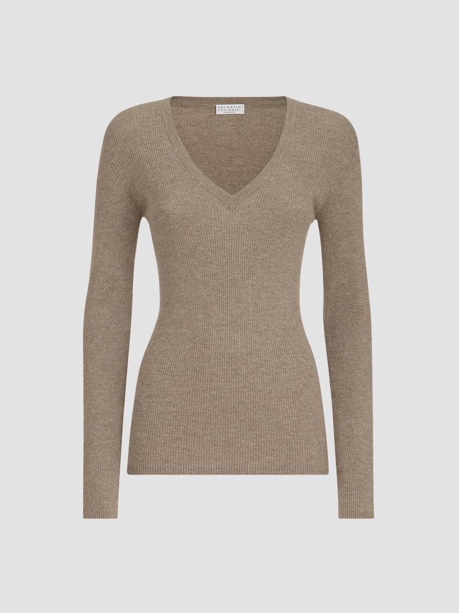 Beige Ribbed Cashmere-Blend V-Neck